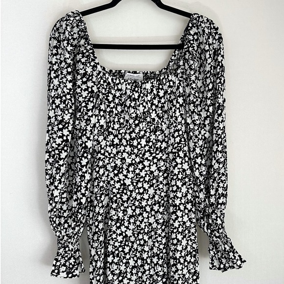 NWT & Other Stories Floral Square Neck Midi Dress Black White Double Puff Slit 2 - Picture 4 of 14